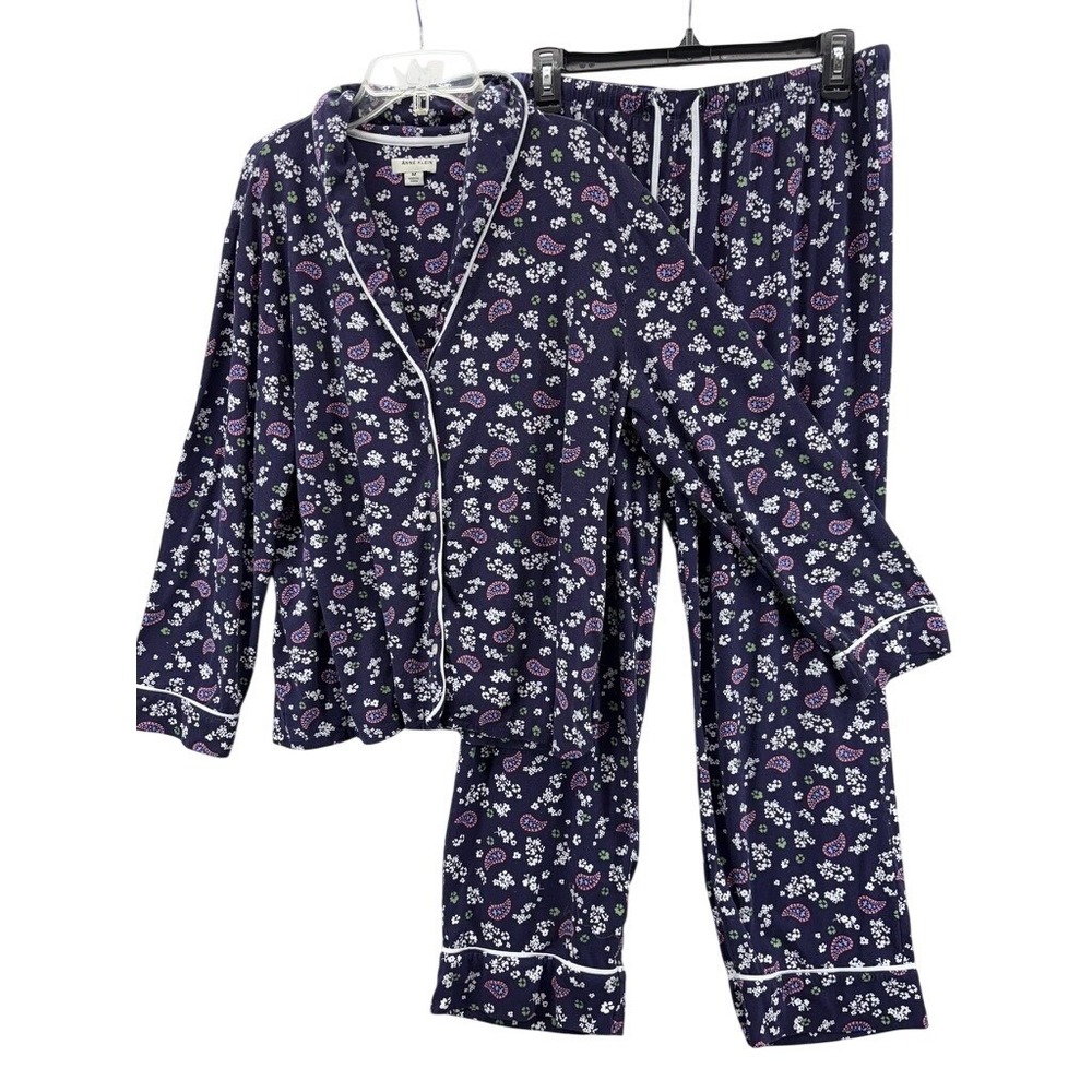 Anne Klein Pajama Set Womens Medium Navy Blue Floral Paisley Print Loungewear